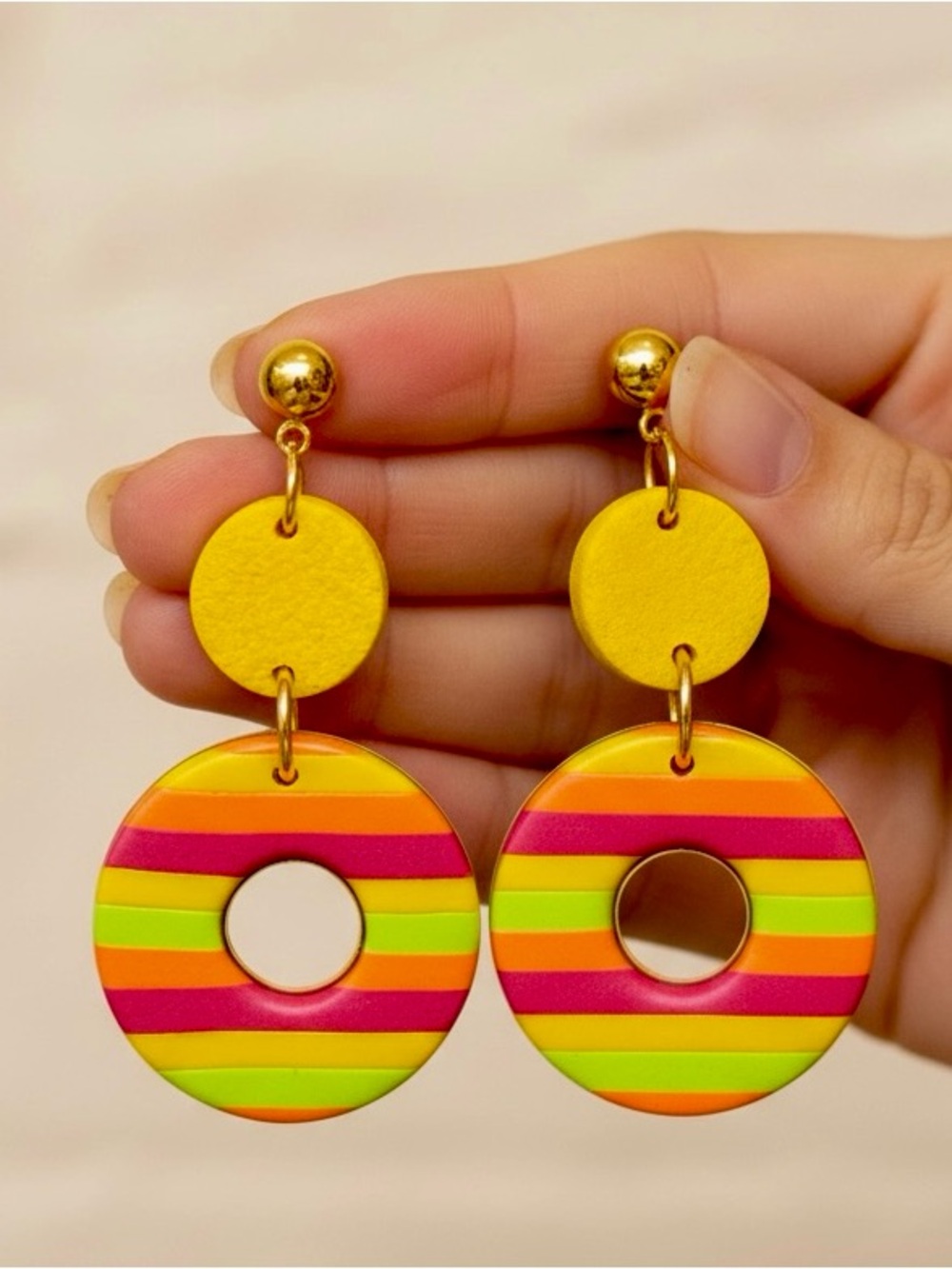 Handmade Rainbow Striped 2 pc Round Polymer Clay Dangle Earrings Stainless Steel